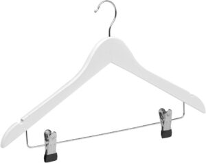 41BzLtvEJlL._AC_SL1000_.jpg COM-FORT HOUSE | Percha de Madera con Pinzas de Metal | Color Blanco | Diseño Elegante | Gancho de Acero Inoxidable Giratorio | Pack de 25 Unidades de 45cm | Muescas para Tirantes |
