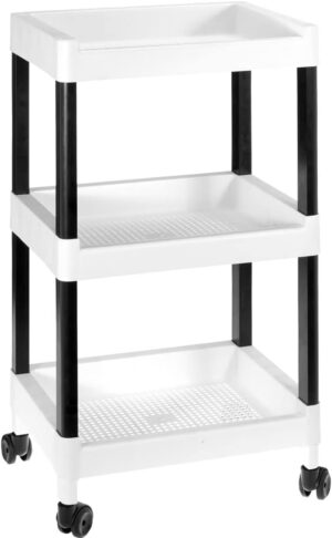 41OloUQ7RDL._AC_SX679_.jpg COM-FORT HOUSE- Carrito multifunción- Carro de Almacenamiento con Ruedas - 3 Niveles - Carro Auxiliar móvil Almacenamiento para Cocina, Baño o Negocios - Color Blanco