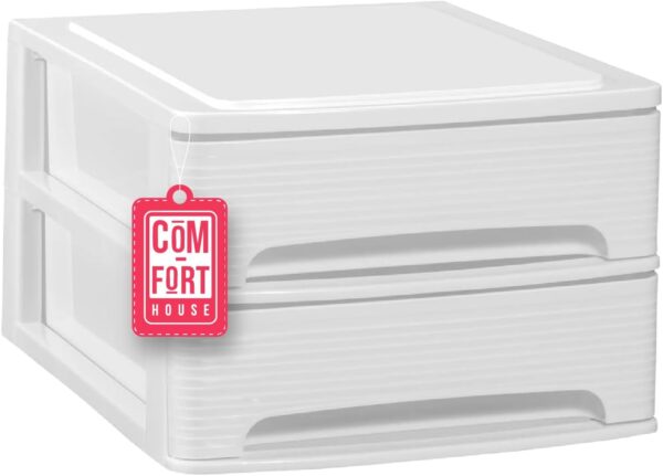512ueOQ0jPL._AC_SL1500_.jpg COM-FORT HOUSE | Cajonera Apilable de Plástico | Modelo Lineas | Color Blanco| Modelo de 2 Cajones | Cajones de Almacenamiento Modular