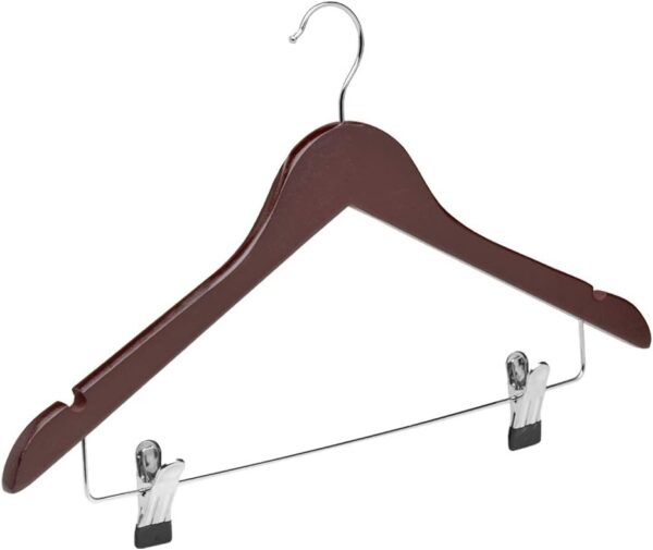 51Ixz36BZNL._AC_SL1000_.jpg COM-FORT HOUSE | Percha de Madera con Pinzas de Metal | Color Nogal | Diseño Elegante | Gancho de Acero Inoxidable Giratorio | Pack de 12 Unidades de 45cm | Muescas para Tirantes |