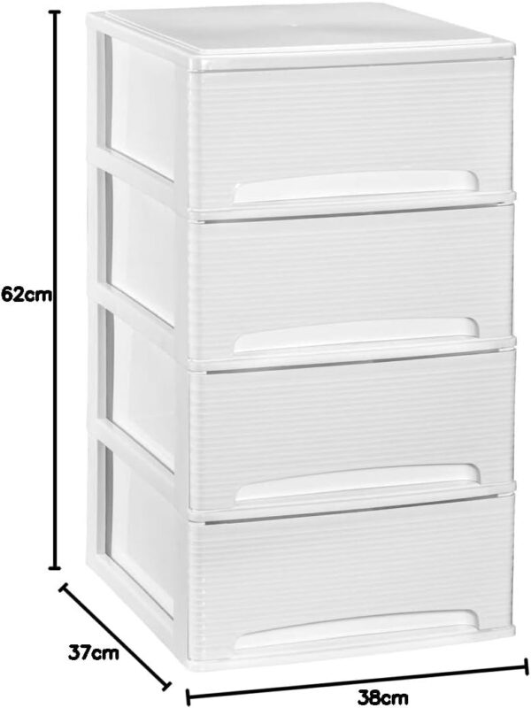 51Khcg5a1zL._AC_SL1134_.jpg COM-FORT HOUSE | Cajonera Apilable de Plástico | Modelo Lineas | Color Blanco | Modelo de 4 Cajones | Cajones de Almacenamiento Modular
