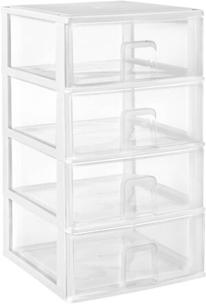 COM-FORT HOUSE | Cajonera Apilable de Plástico | Modelo Transparente | Color Blanco | Modelo de 4 Cajones | Cajones de Almacenamiento Modular