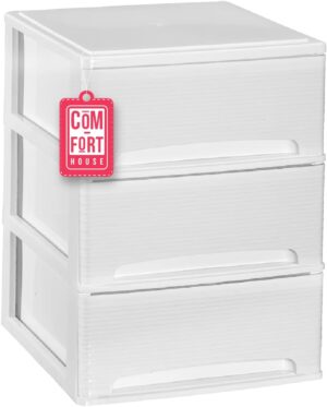 COM-FORT HOUSE | Cajonera Apilable de Plástico | Modelo Lineas | Color Blanco | Modelo de 3 Cajones | Cajones de Almacenamiento Modular