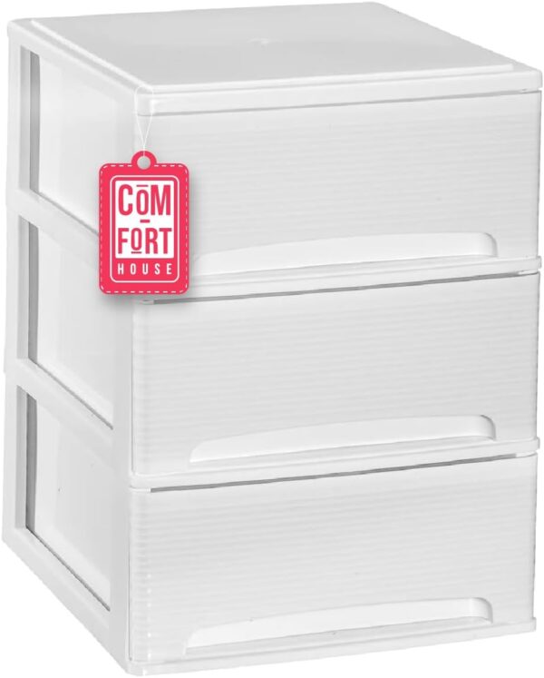 51Qw4UvQIbL._AC_SL1500_.jpg COM-FORT HOUSE | Cajonera Apilable de Plástico | Modelo Lineas | Color Blanco | Modelo de 3 Cajones | Cajones de Almacenamiento Modular