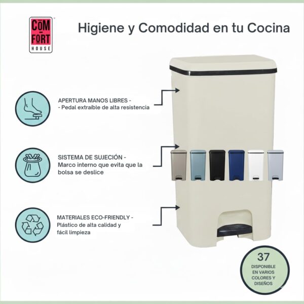 COM-FORT HOUSE | Cubo de Basura con Pedal | Capacidad de 37 litros | Cubo Reciclaje | Color Class Negro | Cubo de Basura Orgánico Cocina | 1 unidad | Piezas Extraíbles | Limpieza Fácil
