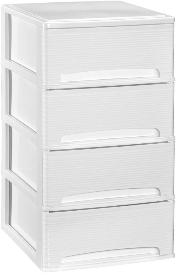 51hVDrle41L._AC_SX679_.jpg COM-FORT HOUSE | Cajonera Apilable de Plástico | Modelo Lineas | Color Blanco | Modelo de 4 Cajones | Cajones de Almacenamiento Modular