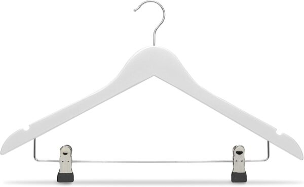 614UEfYVzgL._AC_SL1500_.jpg COM-FORT HOUSE | Percha de Madera con Pinzas de Metal | Color Blanco | Diseño Elegante | Gancho de Acero Inoxidable Giratorio | Pack de 25 Unidades de 45cm | Muescas para Tirantes |