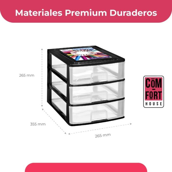 COM-FORT HOUSE | Cajonera Apilable de Plástico | Modelo Transparente | Color Negro | Modelo de 3 Cajones | Cajones de Almacenamiento Modular