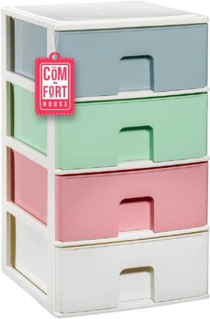 COM-FORT HOUSE | Cajonera Apilable de Plástico | Modelo Multicolor | Color Blanco | Modelo de 4 Cajones | Cajones de Almacenamiento Modular