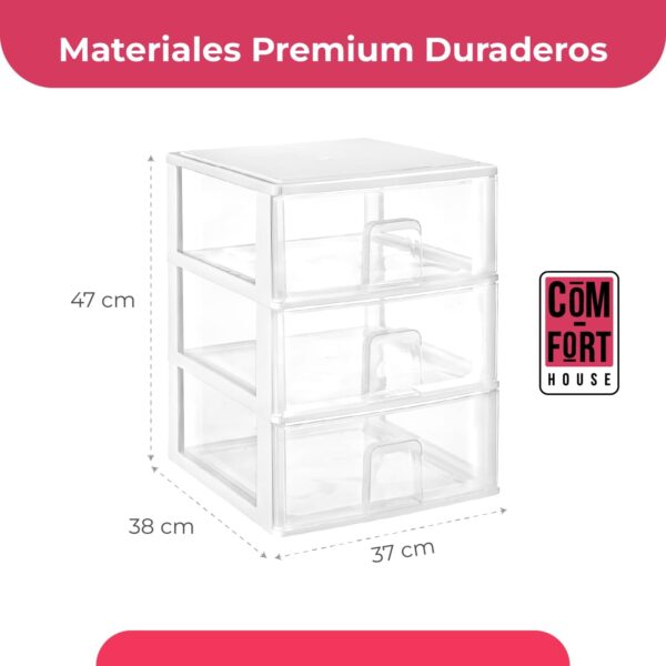 COM-FORT HOUSE | Cajonera Apilable de Plástico | Modelo Transparente | Color Blanco | Modelo de 3 Cajones | Cajones de Almacenamiento Modular