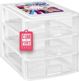 61CAxuVPjgL._AC_SL1500_.jpg COM-FORT HOUSE | Cajonera Apilable de Plástico | Modelo Transparente | Color Blanco | Modelo de 3 Cajones | Cajones de Almacenamiento Modular