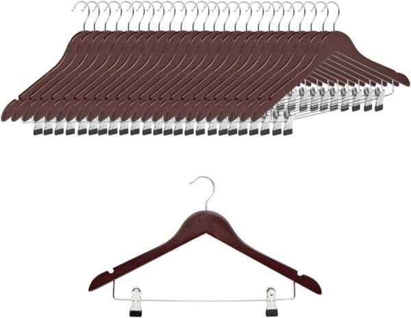 61CVrsFsHbL._AC_SL1000_.jpg COM-FORT HOUSE | Percha de Madera con Pinzas de Metal | Color Nogal | Diseño Elegante | Gancho de Acero Inoxidable Giratorio | Pack de 25 Unidades de 45cm | Muescas para Tirantes |
