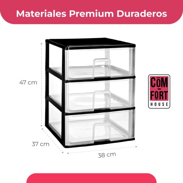 COM-FORT HOUSE | Cajonera Apilable de Plástico | Modelo Transparente | Color Negro | Modelo de 3 Cajones | Cajones de Almacenamiento Modular