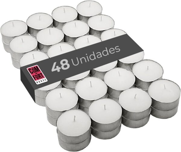 61KHTgBxmlL._AC_SL1500_.jpg COM-FORT HOUSE- Velas Blancas | Pack velas de 48 Unidades | Velas de Té Calientaplatos | Tealight | 9 Horas de Duración | Velas Decorativas Sin Perfume |