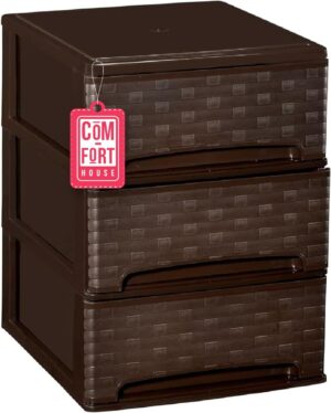 COM-FORT HOUSE | Cajonera Apilable de Plástico | Modelo Bambu | Color Wengue | Modelo de 3 Cajones | Cajones de Almacenamiento Modular
