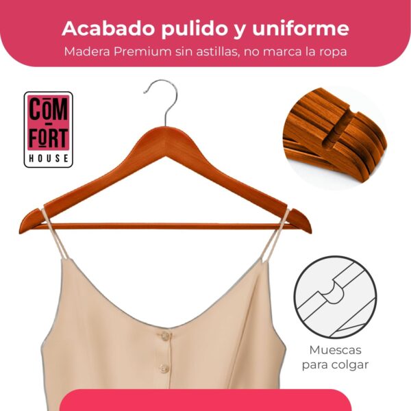 Pack de 10 Perchas de Madera Maciza Nogal con Gancho Giratorio 360° y Muescas Antideslizantes - con Barra para Pantalones - Alta Resistencia