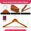 Pack de 10 Perchas de Madera Maciza Nogal con Gancho Giratorio 360° y Muescas Antideslizantes - con Barra para Pantalones - Alta Resistencia