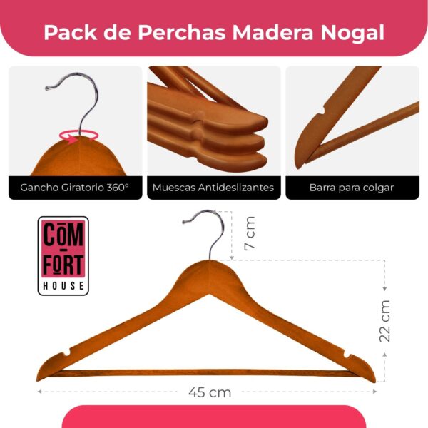 Pack de 10 Perchas de Madera Maciza Nogal con Gancho Giratorio 360° y Muescas Antideslizantes - con Barra para Pantalones - Alta Resistencia