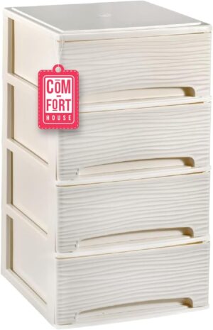 COM-FORT HOUSE | Cajonera Apilable de Plástico | Modelo Ondas | Color Blanco Roto | Modelo de 4 Cajones | Cajones de Almacenamiento Modular
