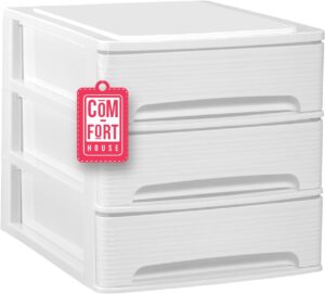 COM-FORT HOUSE | Cajonera Apilable de Plástico | Modelo Lineas | Color Blanco| Modelo de 3 Cajones | Cajones de Almacenamiento Modular