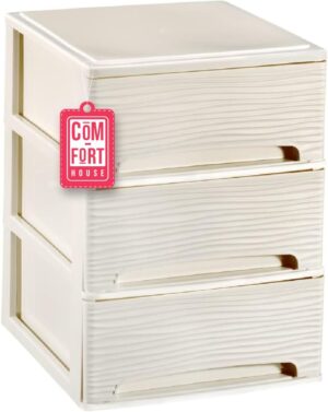 COM-FORT HOUSE | Cajonera Apilable de Plástico | Modelo Ondas | Color Blanco Roto | Modelo de 3 Cajones | Cajones de Almacenamiento Modular