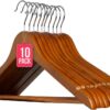 Pack de 10 Perchas de Madera Maciza Nogal con Gancho Giratorio 360° y Muescas Antideslizantes - con Barra para Pantalones - Alta Resistencia