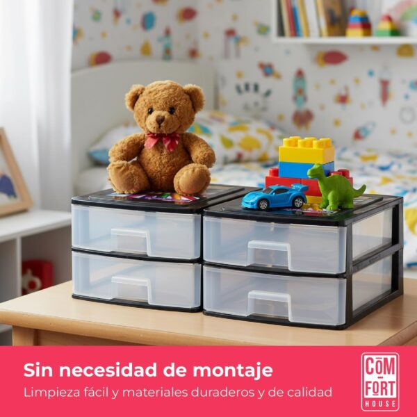 COM-FORT HOUSE | Cajonera Apilable de Plástico | Modelo Transparente | Color Negro | Modelo de 2 Cajones | Cajones de Almacenamiento Modular
