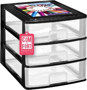 COM-FORT HOUSE | Cajonera Apilable de Plástico | Modelo Transparente | Color Negro | Modelo de 3 Cajones | Cajones de Almacenamiento Modular