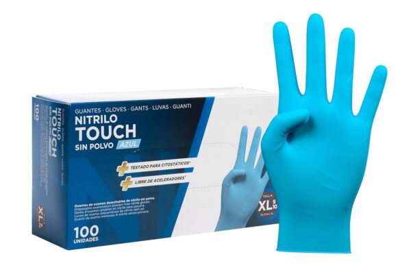 714MPhzKH4L._SL1500_.jpg COM-FORT HOUSE - Guantes nitrilo desechables - Color Azul- Colección Touch - Guantes de Látex sin Polvo - Disponible en tallas XL 100und