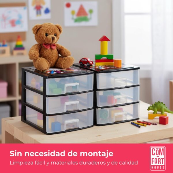 COM-FORT HOUSE | Cajonera Apilable de Plástico | Modelo Transparente | Color Negro | Modelo de 3 Cajones | Cajones de Almacenamiento Modular