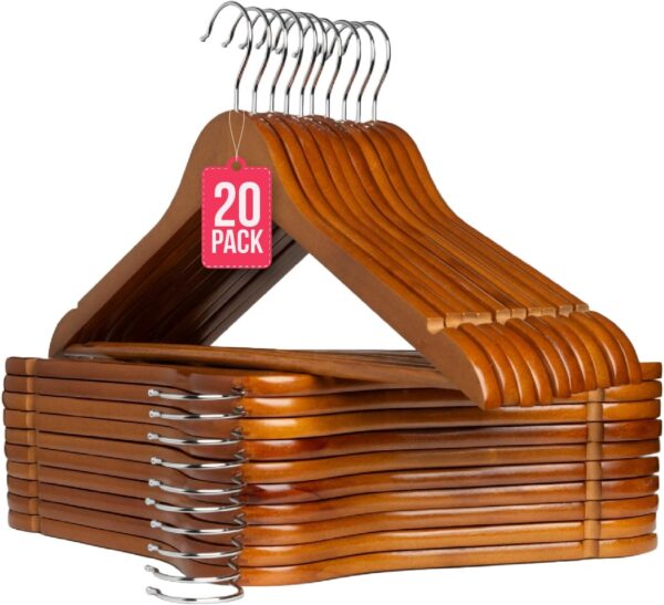 COM-FORT HOUSE - Pack de 20 Perchas de Madera Maciza Nogal con Gancho Giratorio 360° y Muescas Antideslizantes - con Barra para Pantalones - Alta Resistencia