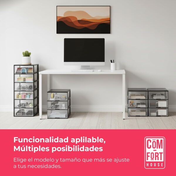 COM-FORT HOUSE | Cajonera Apilable de Plástico | Modelo Transparente | Color Negro | Modelo de 3 Cajones | Cajones de Almacenamiento Modular