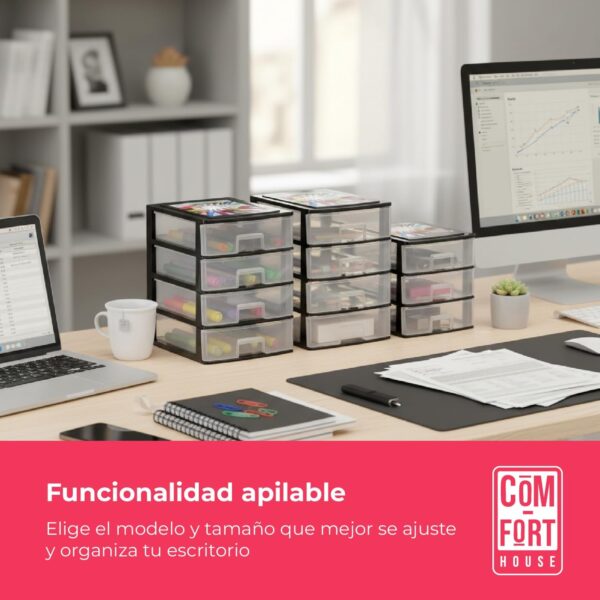 COM-FORT HOUSE | Cajonera Apilable de Plástico | Modelo Transparente | Color Negro | Modelo de 3 Cajones | Cajones de Almacenamiento Modular