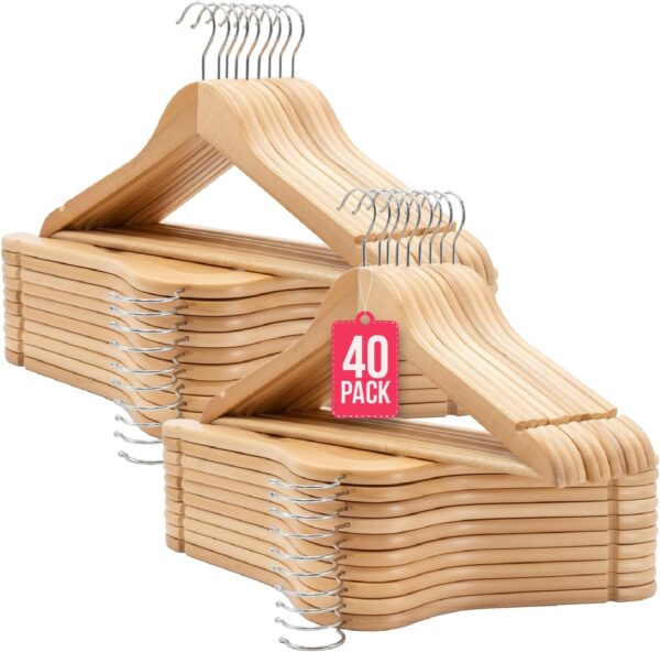 COM-FORT HOUSE | Perchas de Madera | Color Natural | Diseño Elegante | Madera Maciza | Perchas con Garra | para Trajes | Pack de 40 Unidades | Gancho de Acero Inoxidable Giratorio |