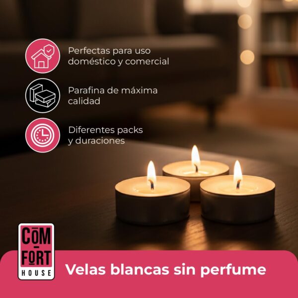 71Ox1qqWbTL._AC_SL1500_.jpg COM-FORT HOUSE- Velas Blancas | Pack velas de 144 Unidades | Velas de Té Calientaplatos | Tealight | 9 Horas de Duración | Velas Decorativas Sin Perfume |