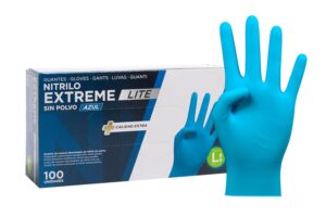 71PUBLqF61L._SL1500_.jpg COM-FORT HOUSE - Guantes Nitrilo Resistentes - Color Azul- Colección Extreme Lite - Guantes de Látex sin Polvo - Disponible en tallas, L 100 und