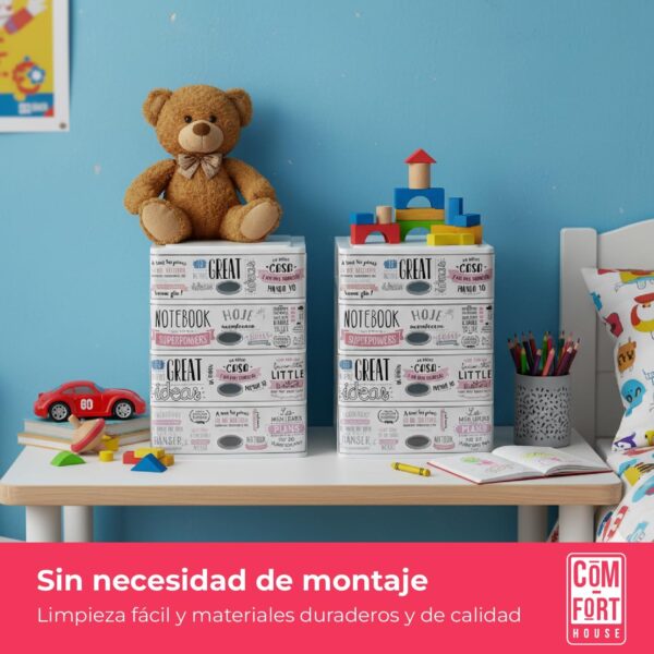 71Q283bAmAL._AC_SL1500_.jpg COM-FORT HOUSE | Cajonera Apilable de Plástico | Modelo Textos | Color Blanco| Modelo de 4 Cajones | Cajones de Almacenamiento Modular