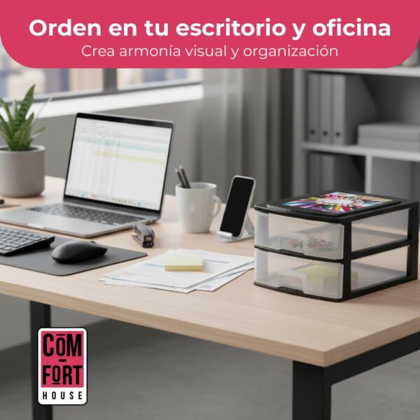 COM-FORT HOUSE | Cajonera Apilable de Plástico | Modelo Transparente | Color Negro | Modelo de 2 Cajones | Cajones de Almacenamiento Modular