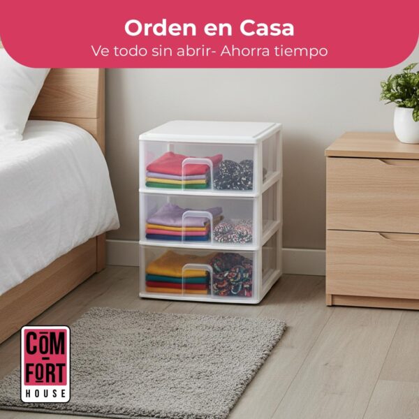 COM-FORT HOUSE | Cajonera Apilable de Plástico | Modelo Transparente | Color Blanco | Modelo de 3 Cajones | Cajones de Almacenamiento Modular