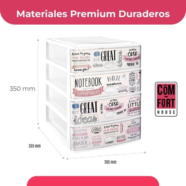 71TjiRgDuGL._AC_SL1500_.jpg COM-FORT HOUSE | Cajonera Apilable de Plástico | Modelo Textos | Color Blanco| Modelo de 4 Cajones | Cajones de Almacenamiento Modular