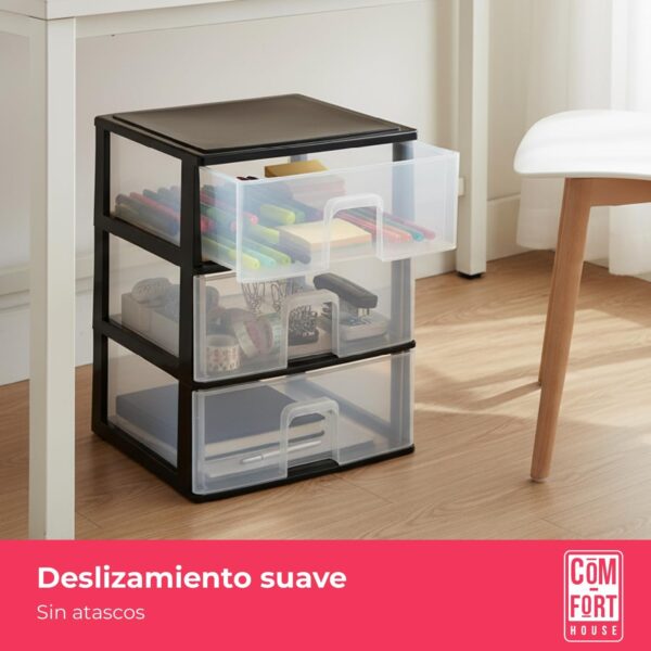 COM-FORT HOUSE | Cajonera Apilable de Plástico | Modelo Transparente | Color Negro | Modelo de 3 Cajones | Cajones de Almacenamiento Modular