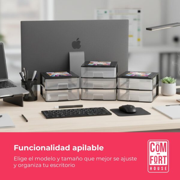 COM-FORT HOUSE | Cajonera Apilable de Plástico | Modelo Transparente | Color Negro | Modelo de 2 Cajones | Cajones de Almacenamiento Modular