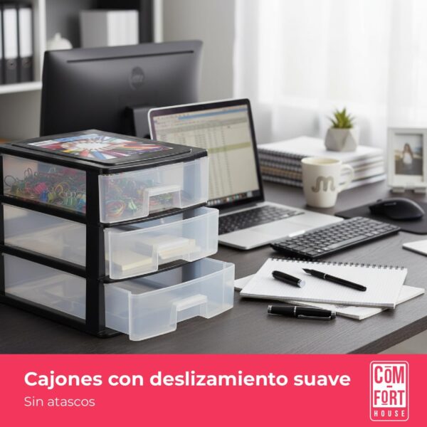 COM-FORT HOUSE | Cajonera Apilable de Plástico | Modelo Transparente | Color Negro | Modelo de 3 Cajones | Cajones de Almacenamiento Modular