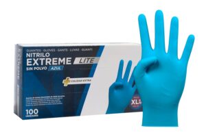 71dliUXAvL._SL1500_.jpg COM-FORT HOUSE - Guantes Nitrilo Resistentes - Color Azul- Colección Extreme Lite - Guantes de Látex sin Polvo - Disponible en tallas XL, 100 und