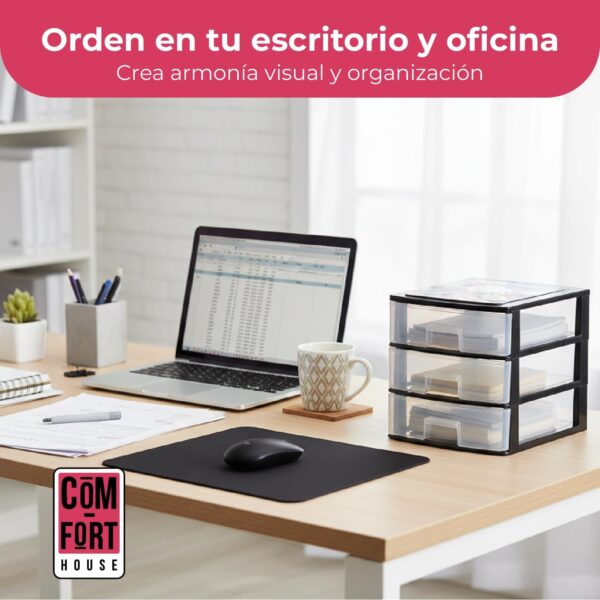 COM-FORT HOUSE | Cajonera Apilable de Plástico | Modelo Transparente | Color Negro | Modelo de 3 Cajones | Cajones de Almacenamiento Modular