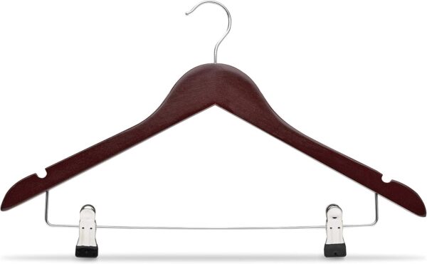 71ffF-ILrnL._AC_SL1500_.jpg COM-FORT HOUSE | Percha de Madera con Pinzas de Metal | Color Nogal | Diseño Elegante | Gancho de Acero Inoxidable Giratorio | Pack de 12 Unidades de 45cm | Muescas para Tirantes |