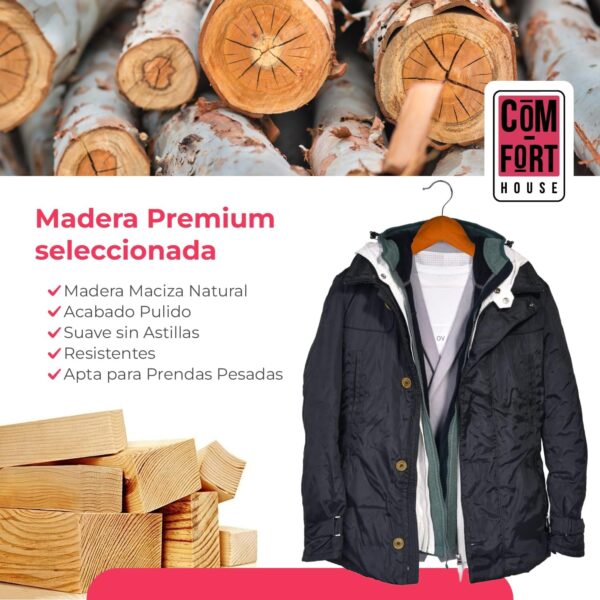 Pack de 10 Perchas de Madera Maciza Nogal con Gancho Giratorio 360° y Muescas Antideslizantes - con Barra para Pantalones - Alta Resistencia