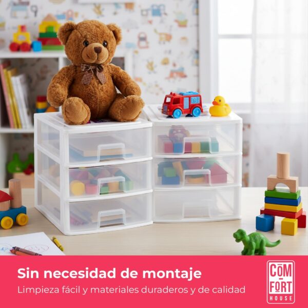 COM-FORT HOUSE | Cajonera Apilable de Plástico | Modelo Transparente | Color Blanco | Modelo de 3 Cajones | Cajones de Almacenamiento Modular