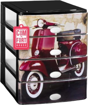 COM-FORT HOUSE | Cajonera Apilable de Plástico | Modelo Moto | Color Negro| Modelo de 4 Cajones | Cajones de Almacenamiento Modular