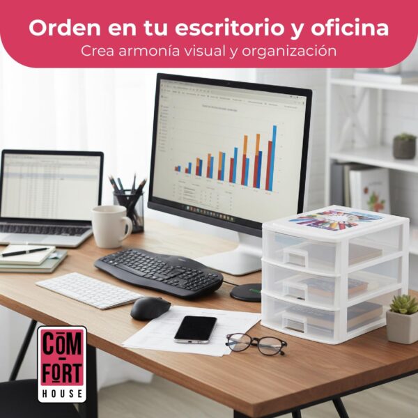 COM-FORT HOUSE | Cajonera Apilable de Plástico | Modelo Transparente | Color Blanco | Modelo de 3 Cajones | Cajones de Almacenamiento Modular